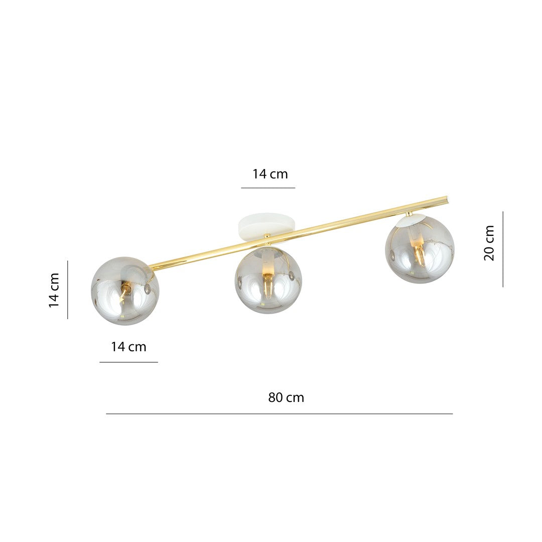 Plafondlamp staal en glas Splendi, wit met goud en grafiet glas, 3 lichtpunten, 80 cm breed, E14