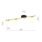 Plafondlamp gepoedercoat staal en glas Monza, zwart met goud en witte kap, 3 lichtpunten E14, 80 cm breed