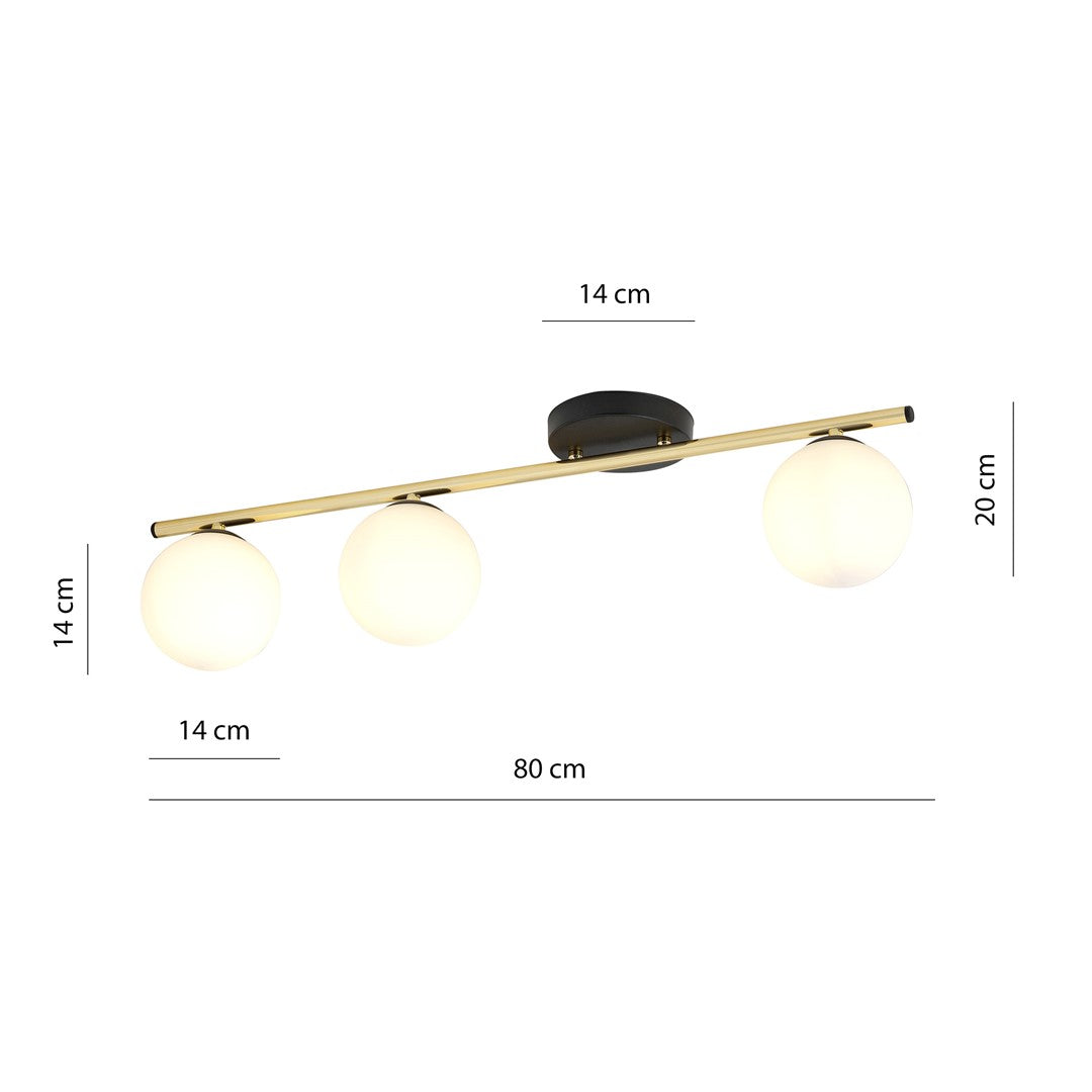 Plafondlamp gepoedercoat staal en glas Monza, zwart met goud en witte kap, 3 lichtpunten E14, 80 cm breed