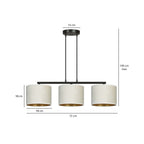 Hanglamp gepoedercoat staal en stof Hilde, zwart met witte kappen, 3 lichts, breedte 72 cm, eetkamer