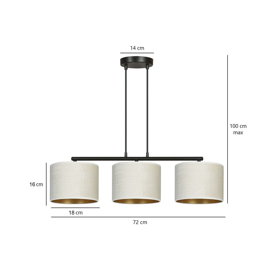 Hanglamp gepoedercoat staal en stof Hilde, zwart met witte kappen, 3 lichts, breedte 72 cm, eetkamer