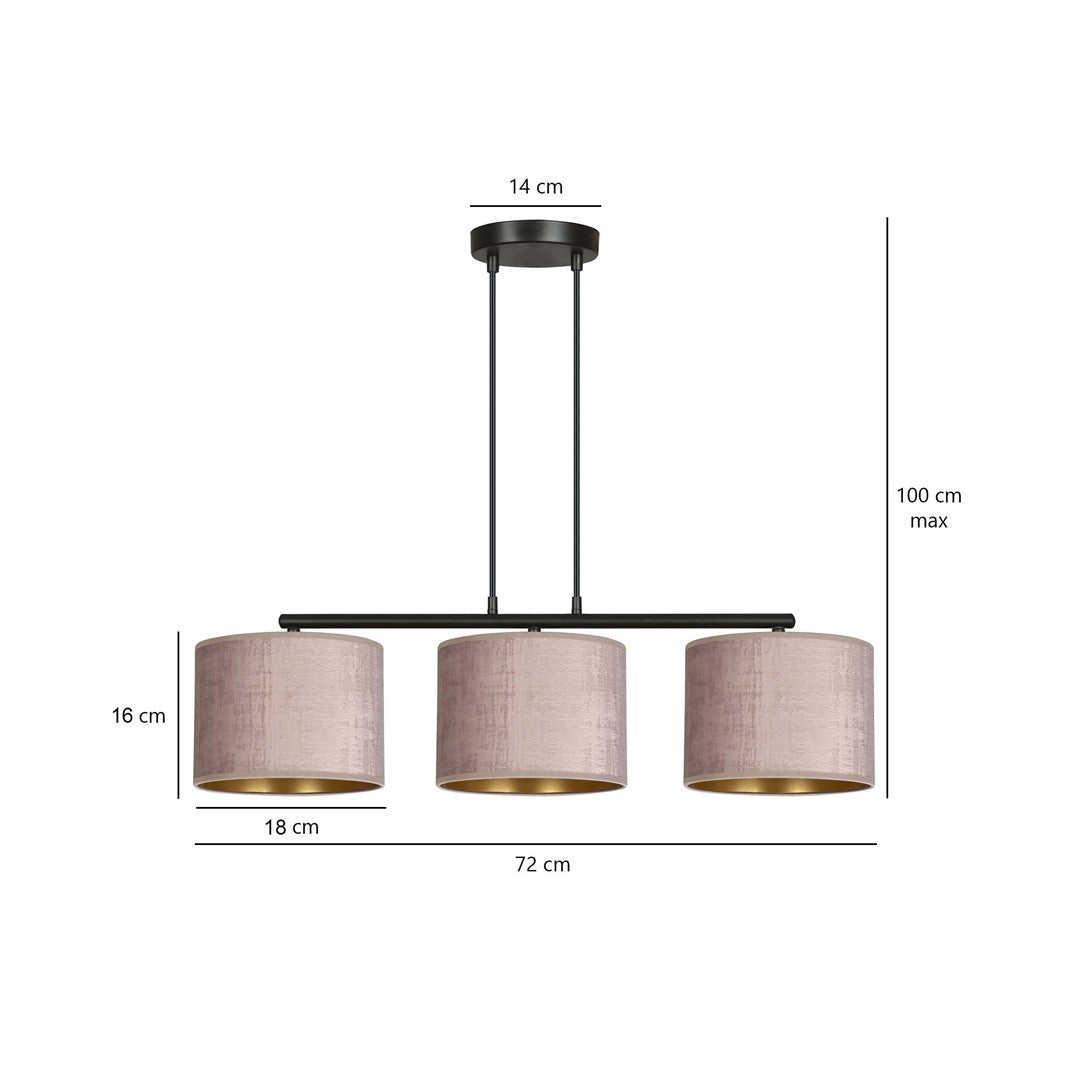 Hanglamp Hilde 3-lichts gepoedercoat staal met stoffen kappen, roze en zwart – 72 x 100 cm, eettafel