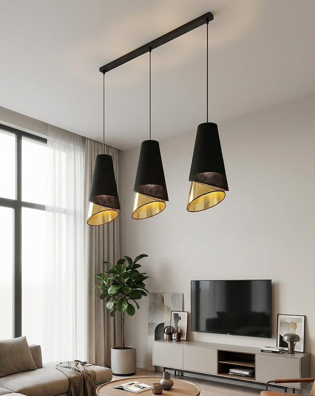 Hanglamp 3-lichts gepoedercoat staal met stoffen kap, Moda, zwart met goud, 95 cm, eettafel en woonkamer