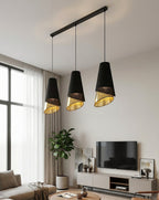 Hanglamp 3-lichts gepoedercoat staal met stoffen kap, Moda, zwart met goud, 95 cm, eettafel en woonkamer