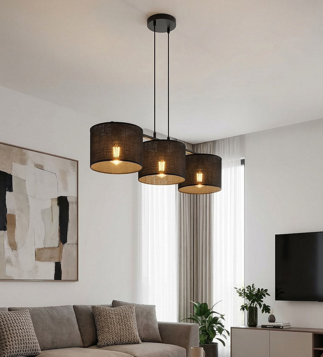 Hanglamp staal minimalistisch Eco, zwart met 3 stoffen kappen Ø 20 cm, 70 cm breed, voor eettafel en kookeiland