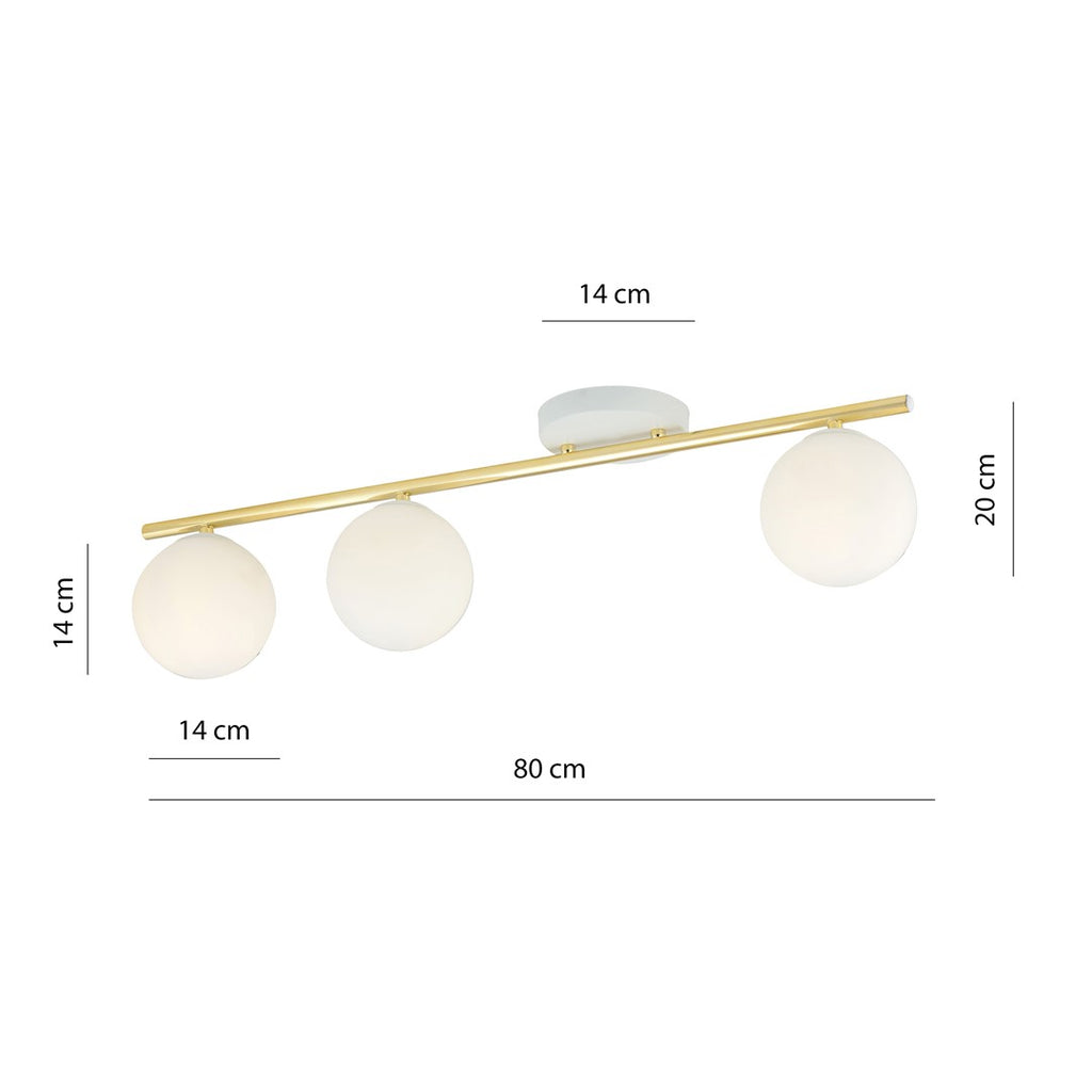 Plafondlamp Monza gepoedercoat staal en glas, wit en goud, 3 lichtpunten, E14 – 80 x 20 cm