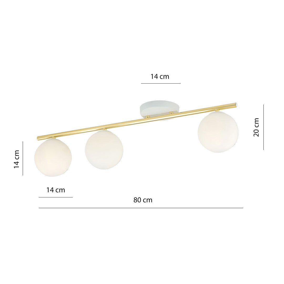 Plafondlamp Monza gepoedercoat staal en glas, wit en goud, 3 lichtpunten, E14 – 80 x 20 cm
