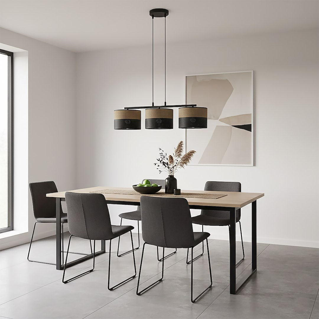 Hanglamp gepoedercoat staal Karbon minimalistisch zwart en bruin, 3 lichtpunten, stoffen kappen Ø 20 cm, eettafel