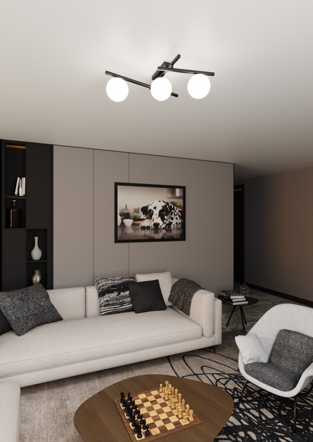 Plafondlamp gepoedercoat staal en glas, modern Smart 3 zwart met witte kappen, 3 x E14, 51 cm breed