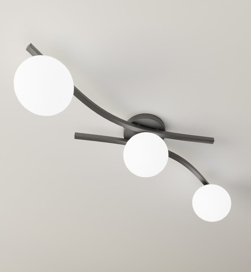 Plafondlamp Opus gepoedercoat staal en glas, modern, zwart met witte kappen, 3 lichtpunten, 60 cm