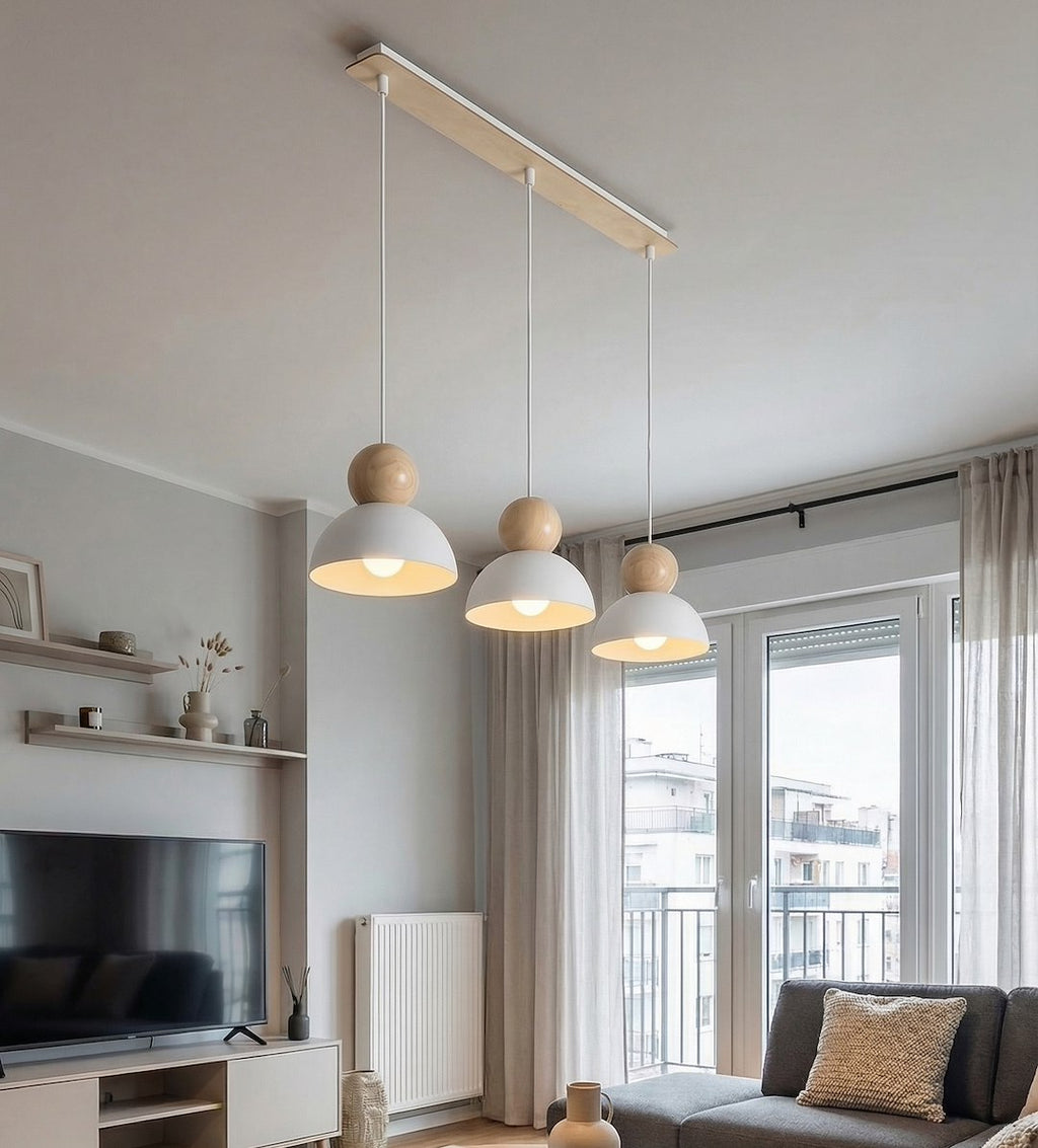 Hanglamp 3 lichts gepoedercoat staal en hout Kaki Scandinavisch wit, 3 x E27, breedte 73 cm
