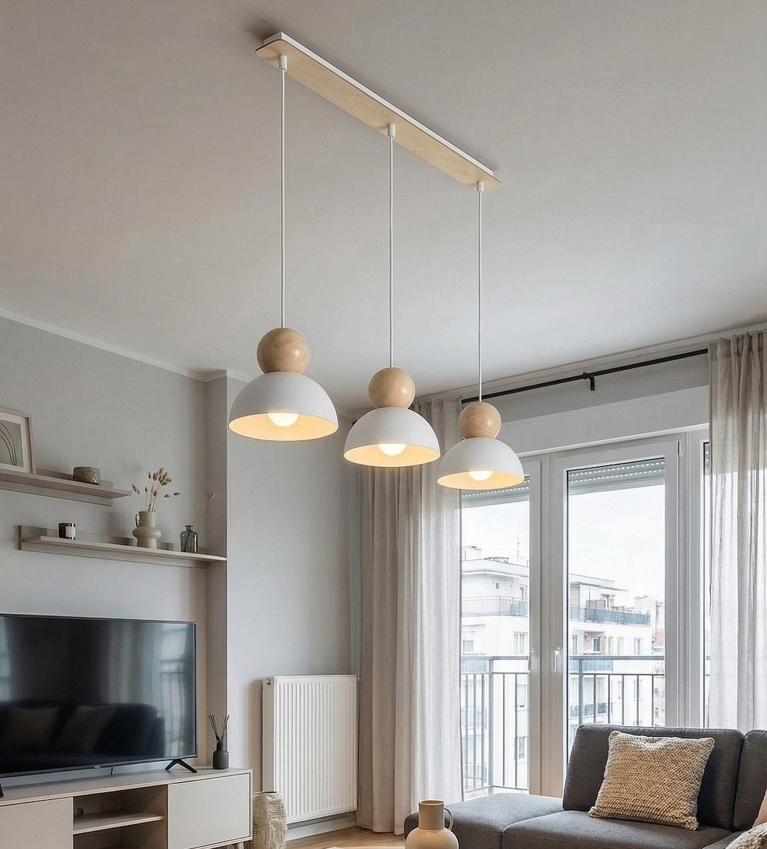 Hanglamp 3 lichts gepoedercoat staal en hout Kaki Scandinavisch wit, 3 x E27, breedte 73 cm