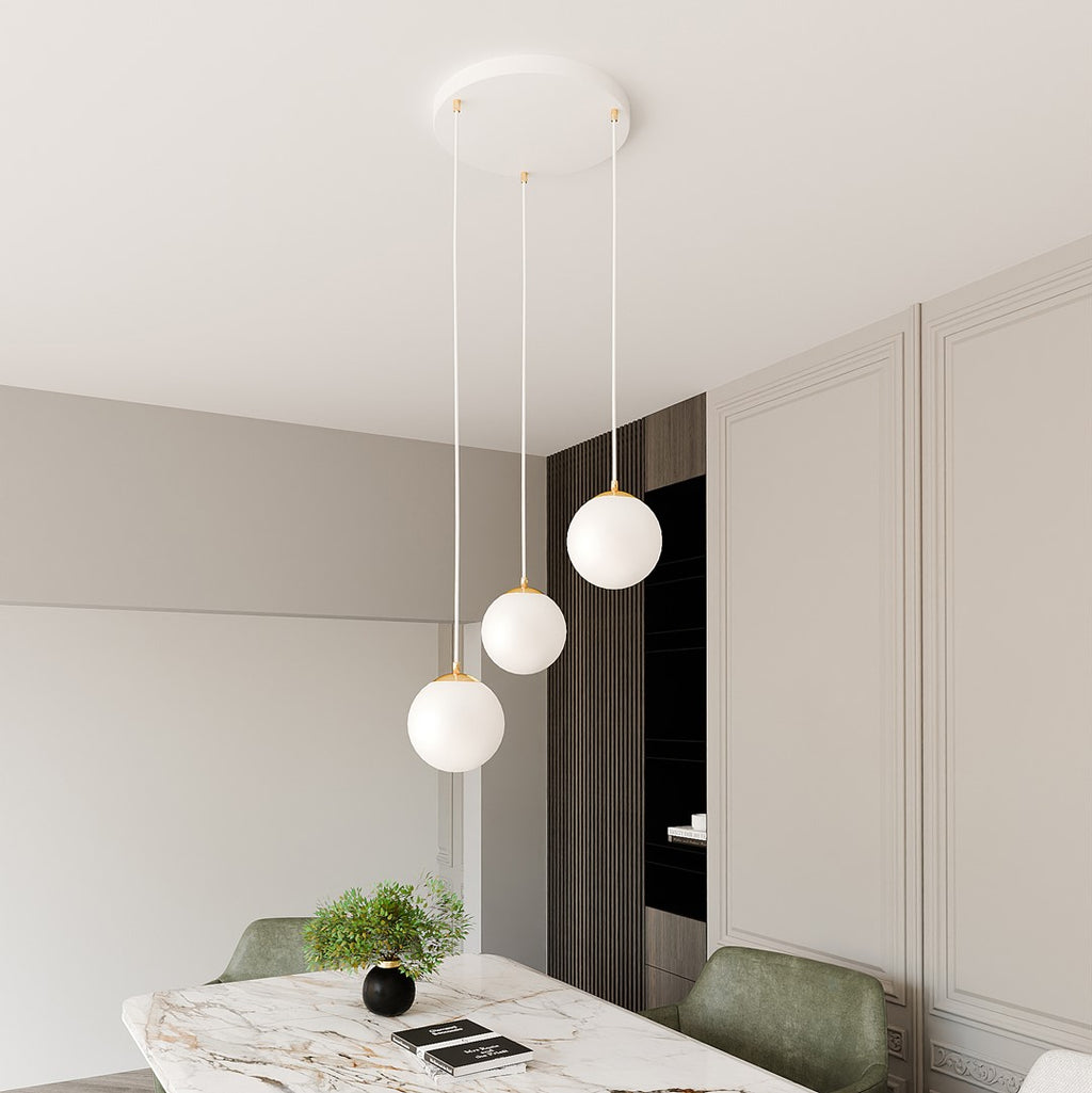Hanglamp staal en glas Royal retro wit met goud, 3 lampen, kap Ø 14 cm, voor eettafel, keuken of woonkamer