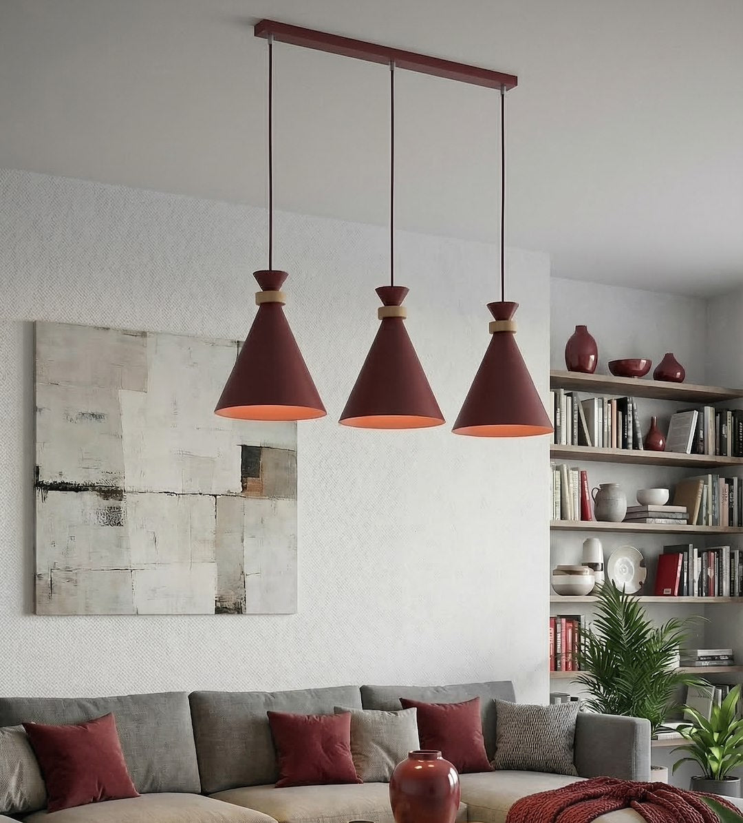 Hanglamp 3-lichts gepoedercoat staal en hout, Scandinavisch Zero, bordeaux, 78 cm, boven eettafel of kookeiland