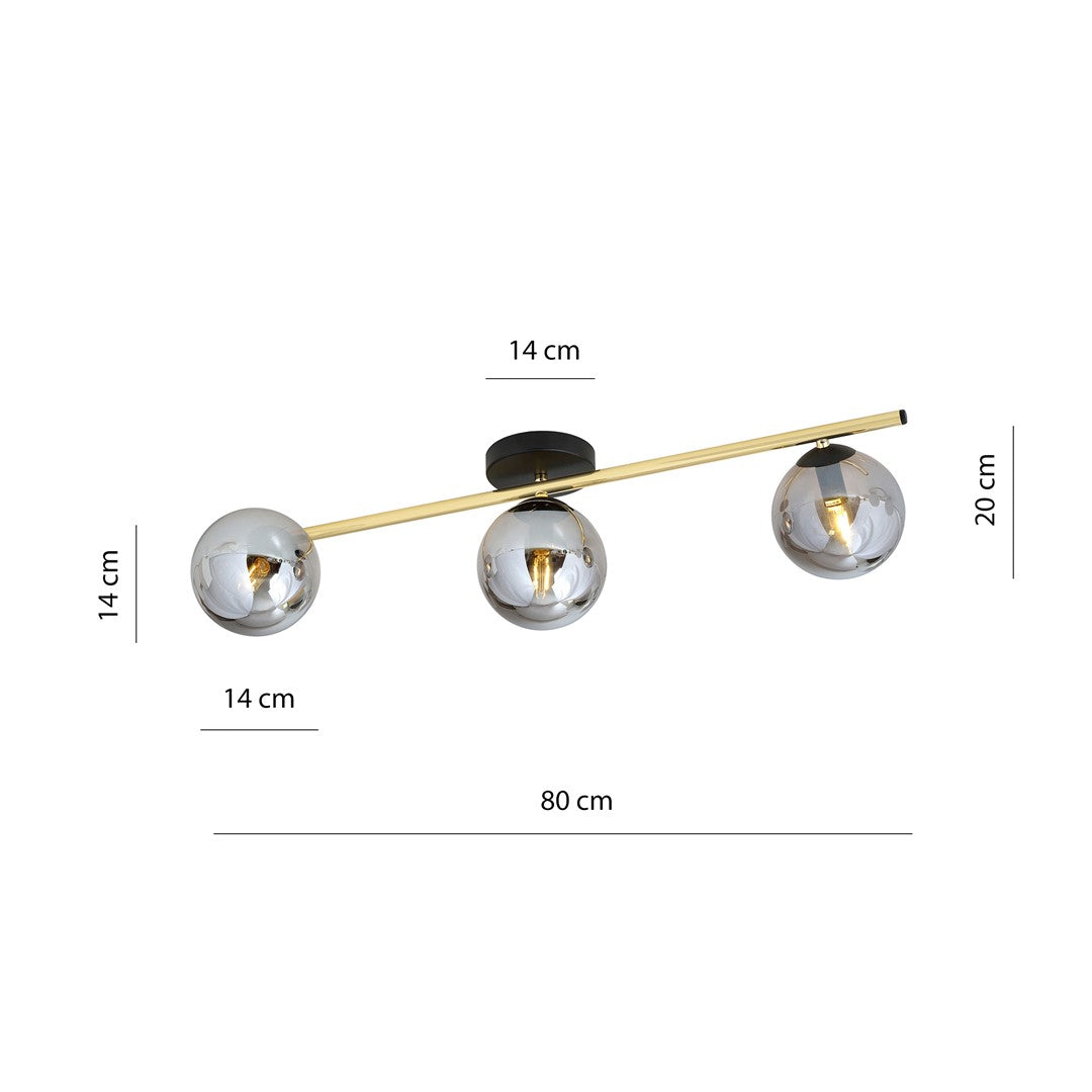 Plafondlamp Splendi gepoedercoat staal en glas, modern, zwart met goud en grafiet glas, 3 lichts, 80 x 20 cm