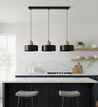 Hanglamp gepoedercoat staal en hout Torin, zwart, 3 lichts, 80 x 100 cm, verstelbare hoogte, woonkamer en eetkamer
