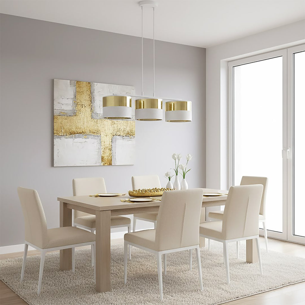 Hanglamp gepoedercoat staal met stoffen kap, Lux, wit en goud, 3 lichts, kap Ø 20 cm, breedte 70 cm
