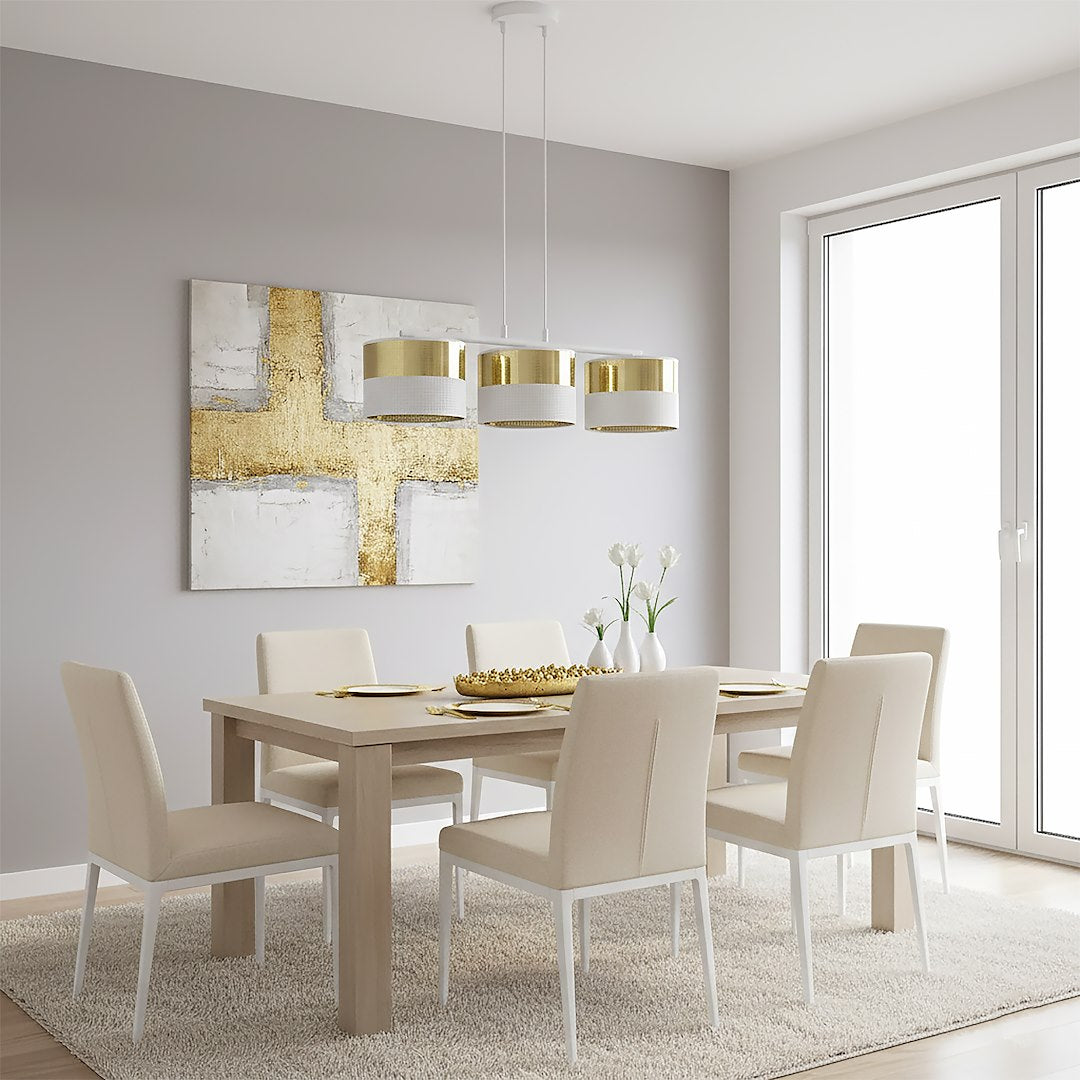 Hanglamp gepoedercoat staal met stoffen kap, Lux, wit en goud, 3 lichts, kap Ø 20 cm, breedte 70 cm