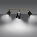 Plafondlamp 3 spots gepoedercoat staal en multiplex, Atlas Scandinavisch zwart, 3 x E27, woonkamer