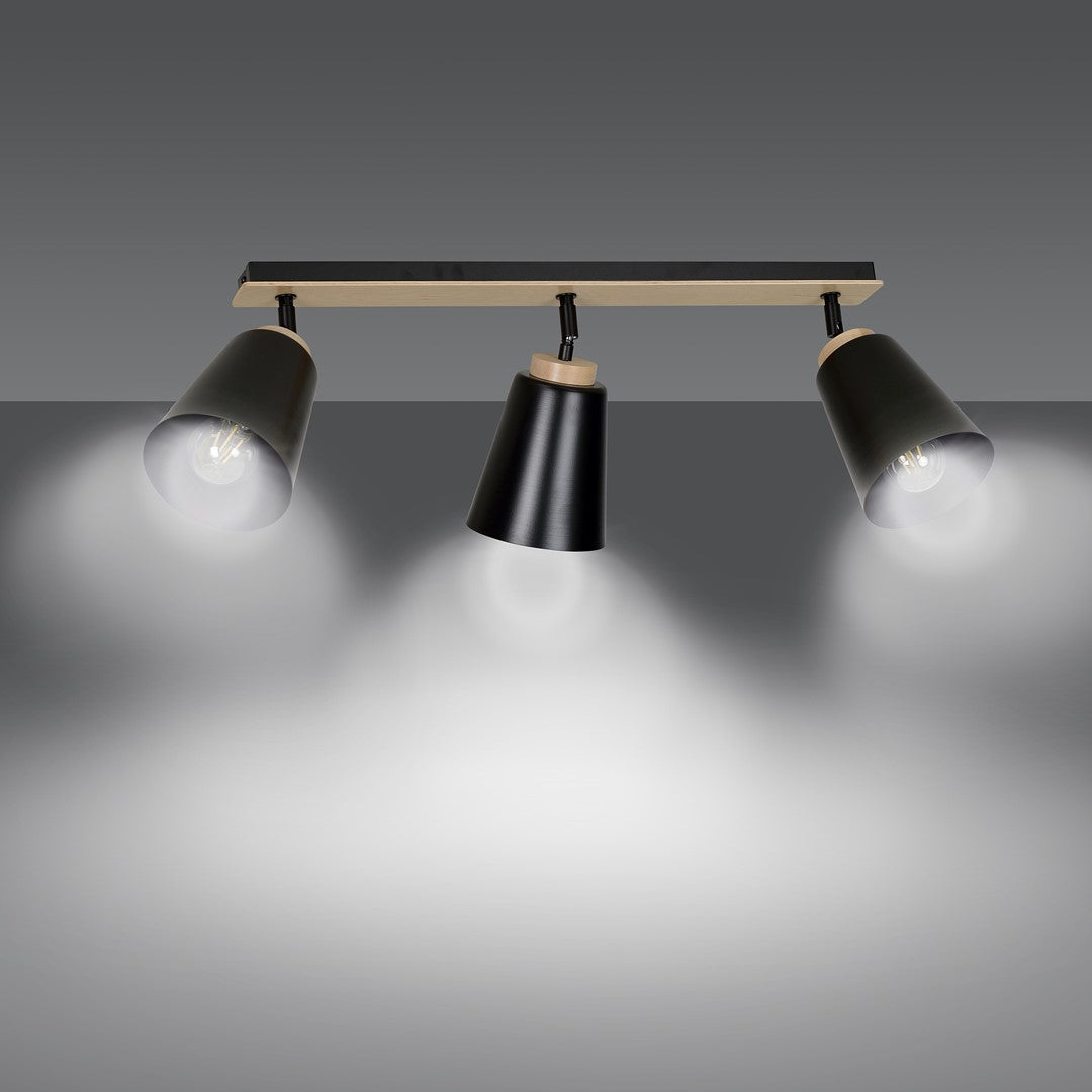 Plafondlamp 3 spots gepoedercoat staal en multiplex, Atlas Scandinavisch zwart, 3 x E27, woonkamer