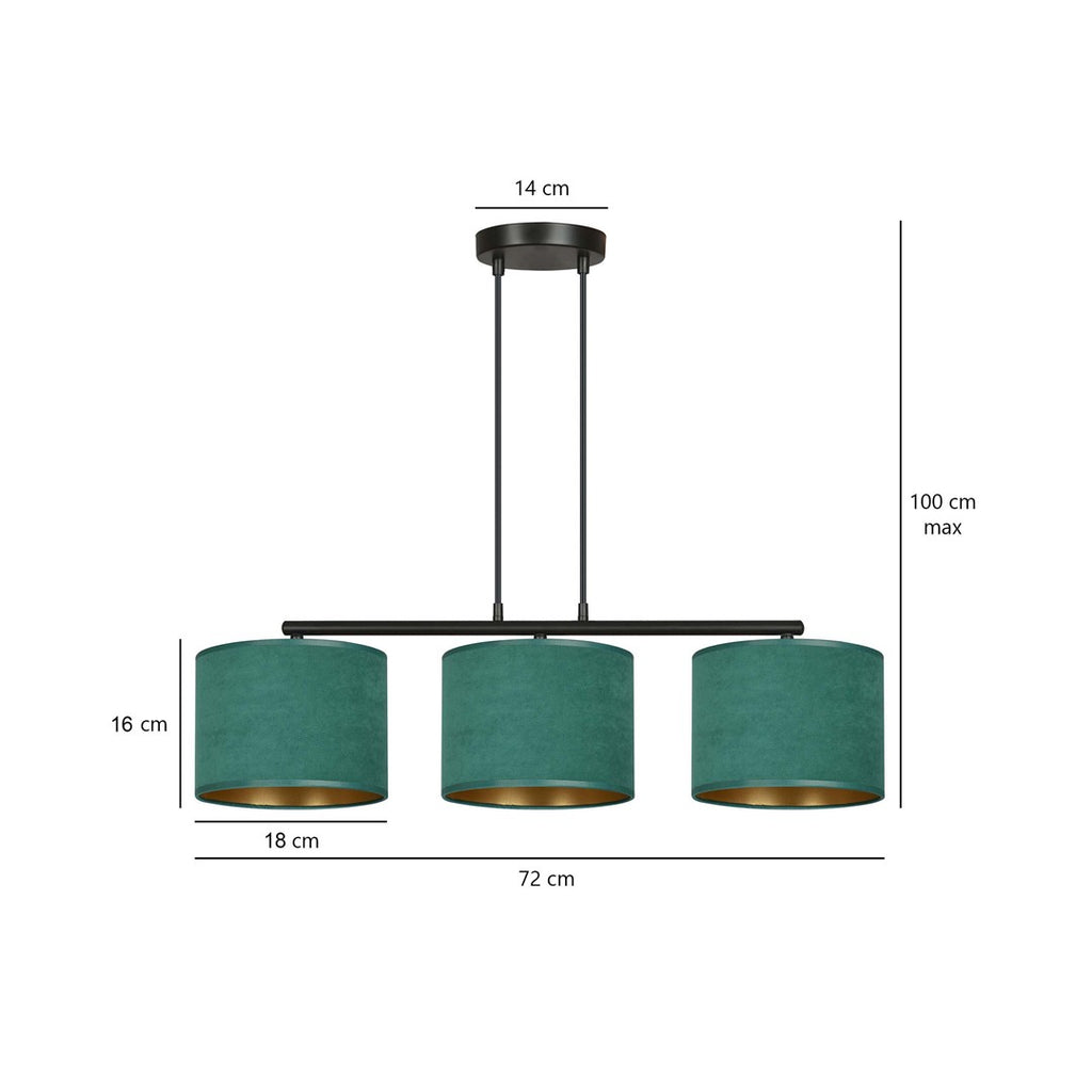Hanglamp gepoedercoat staal en stof Hilde minimalistisch groen met 3 kappen, 72 x 100 cm, eettafel keuken hal