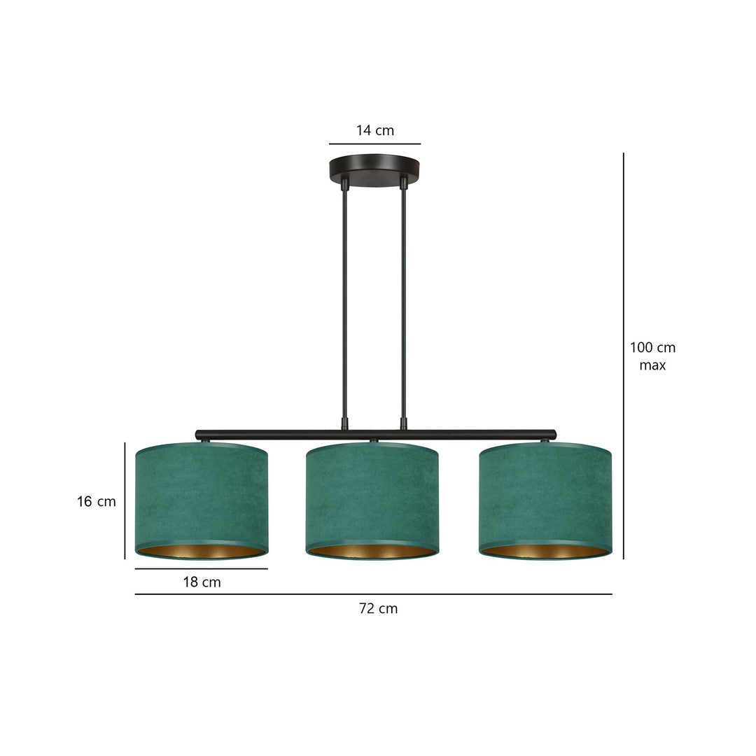 Hanglamp gepoedercoat staal en stof Hilde minimalistisch groen met 3 kappen, 72 x 100 cm, eettafel keuken hal