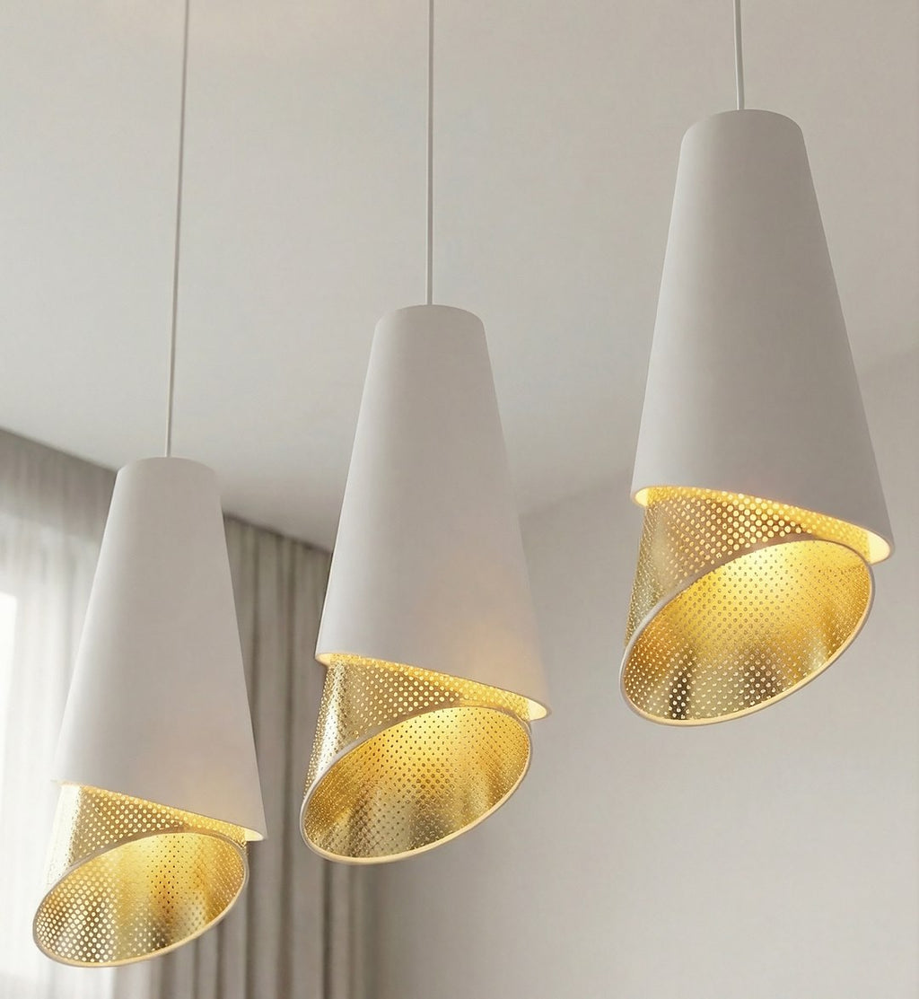 Hanglamp 3-lichts gepoedercoat staal met stoffen kap, modern, wit en goud, 95 cm, voor woonkamer en eetkamer