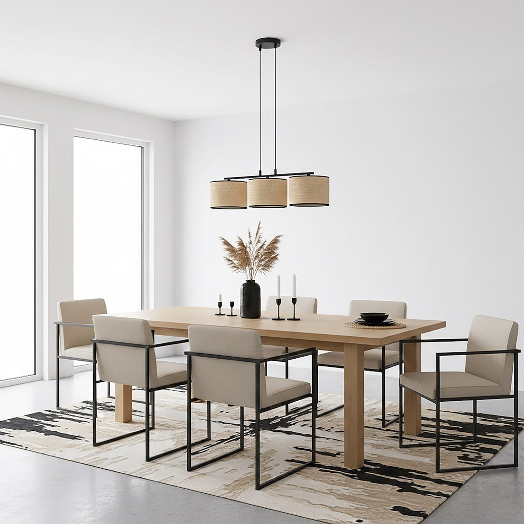 Hanglamp 3-lichts rotan gepoedercoat staal minimalistisch Eco zwart, kap Ø 20 cm – 70 cm breed, eettafel en kookeiland
