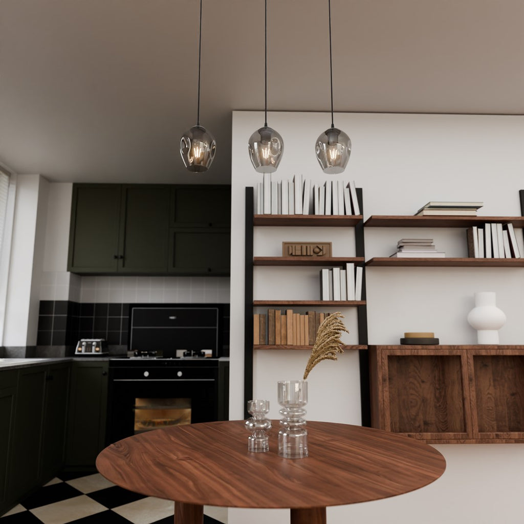 Hanglamp 3 lichts gepoedercoat staal en glas, modern Istar, zwart met grafiet kappen, 70 x 100 cm, E27