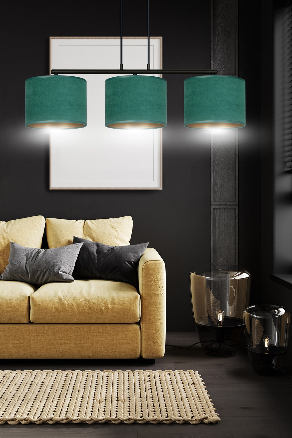 Hanglamp gepoedercoat staal en stof Hilde minimalistisch groen met 3 kappen, 72 x 100 cm, eettafel keuken hal