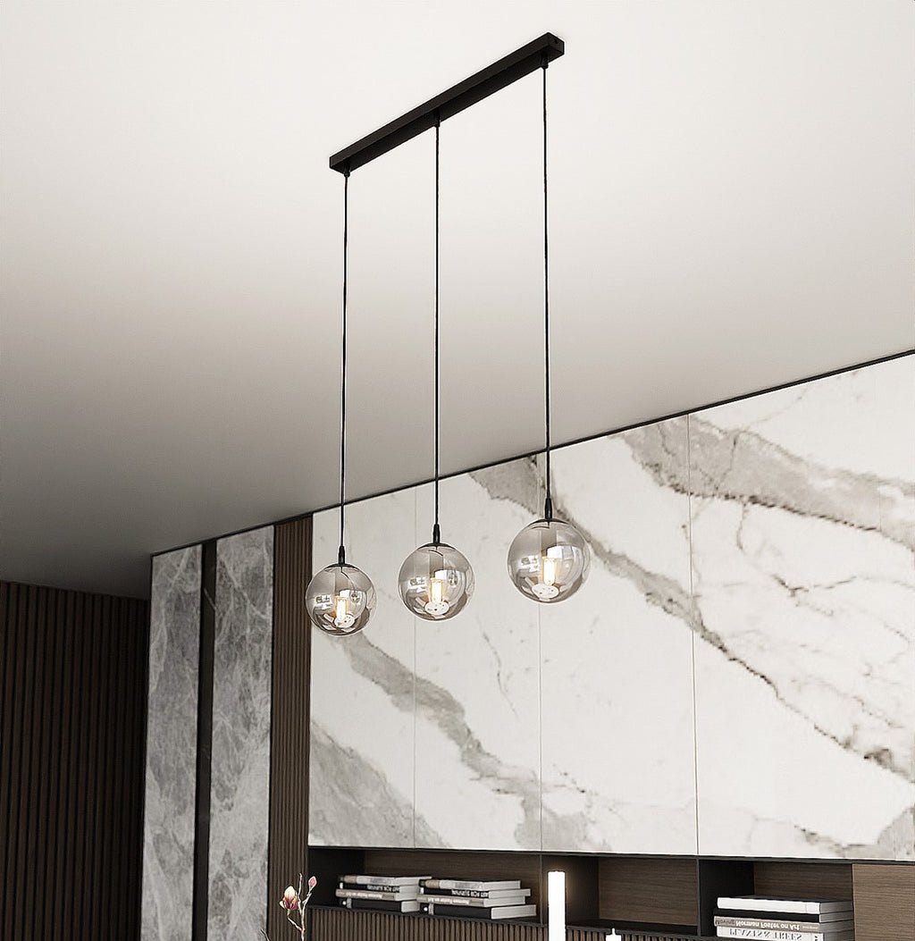 Hanglamp 3-lichts gepoedercoat staal en glas, Cosmo, zwart met grafiet glas, 70 x 100 cm, eettafel en woonkamer
