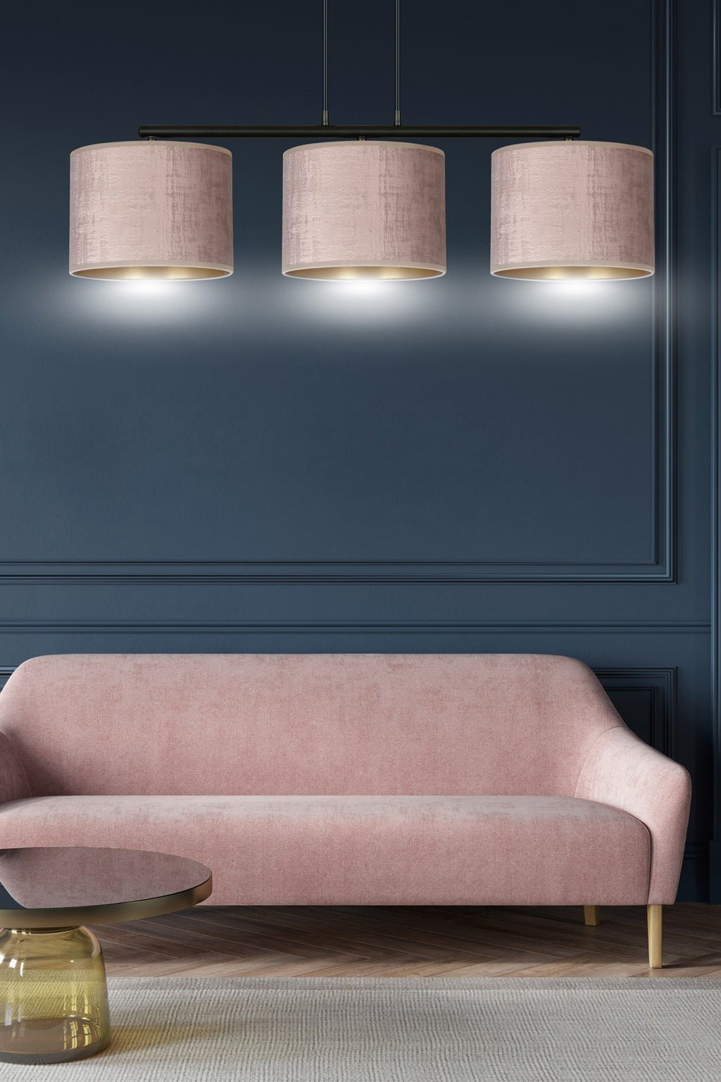 Hanglamp Hilde 3-lichts gepoedercoat staal met stoffen kappen, roze en zwart – 72 x 100 cm, eettafel