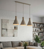 Hanglamp gepoedercoat staal en hout Scandinavisch beige, 3 fittingen E27 – 78 x 23 cm, boven eettafel of kookeiland
