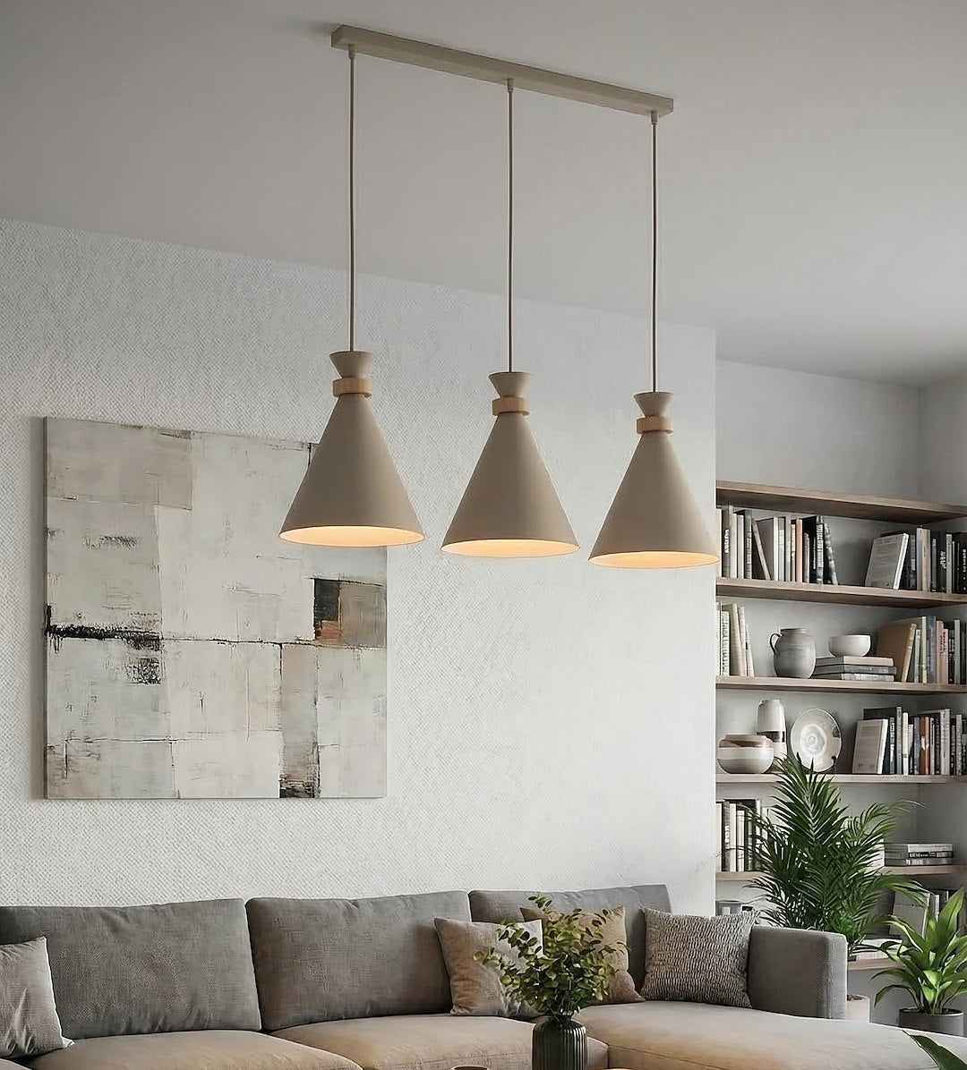 Hanglamp gepoedercoat staal en hout Scandinavisch beige, 3 fittingen E27 – 78 x 23 cm, boven eettafel of kookeiland