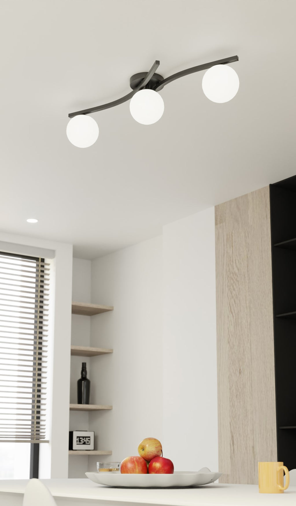 Plafondlamp Opus gepoedercoat staal en glas, modern, zwart met witte kappen, 3 lichtpunten, 60 cm