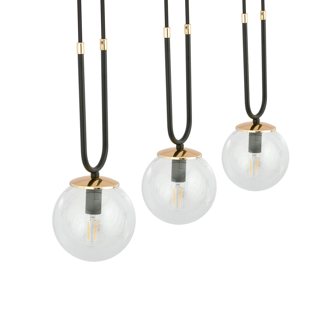 Hanglamp 3-lichts gepoedercoat staal en glas, retro glam, zwart met transparante kappen – 70 x 115 cm