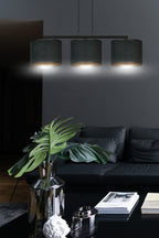 Hanglamp gepoedercoat staal en stof Hilde, zwart met gouden binnenkant, 3 kappen Ø 20 cm, minimalistisch, eetkamer