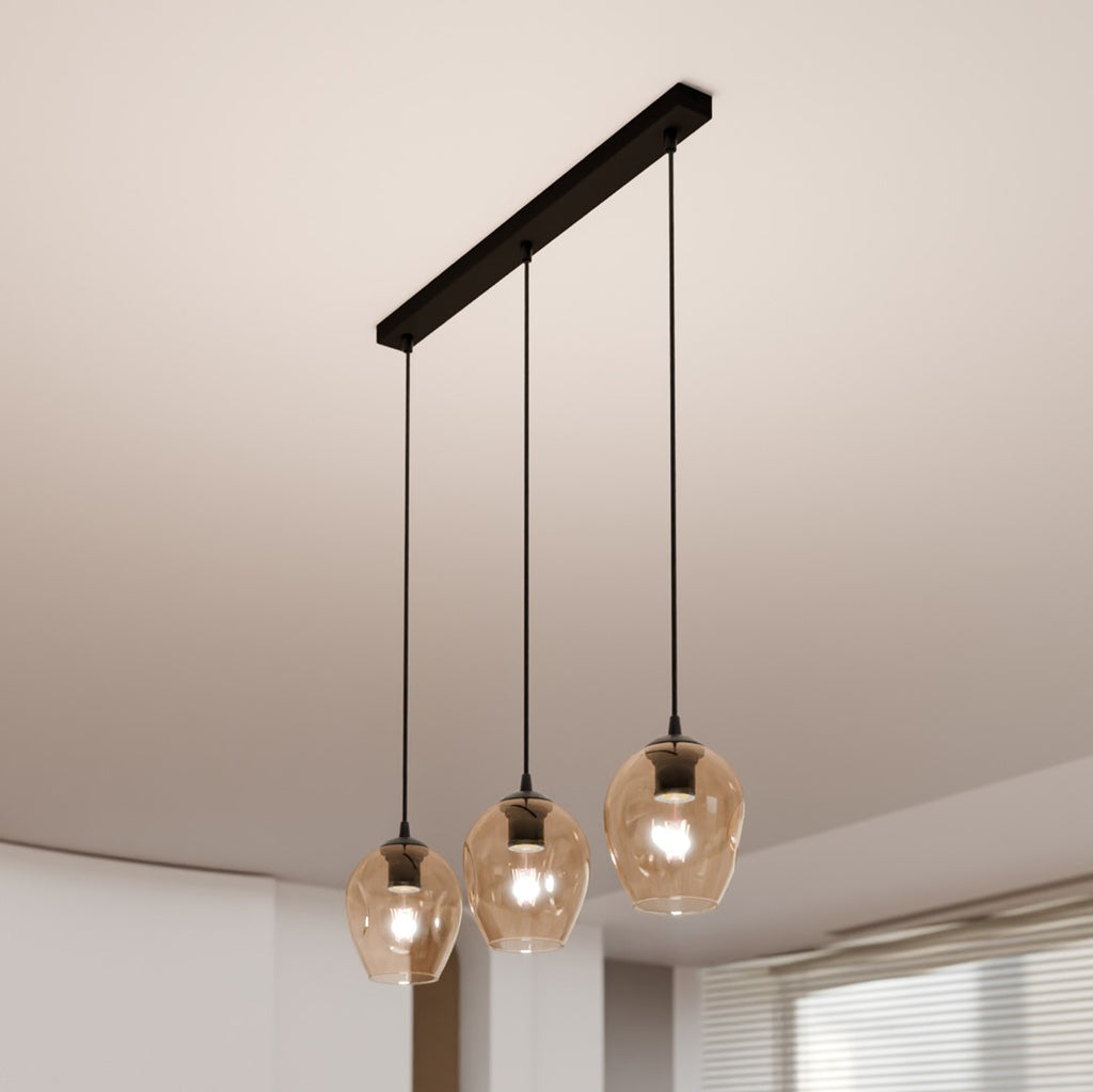 Hanglamp 3 lichts gepoedercoat staal en glas Istar, zwart met amber glazen kappen, verstelbaar, eettafel