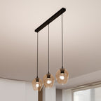 Hanglamp 3 lichts gepoedercoat staal en glas Istar, zwart met amber glazen kappen, verstelbaar, eettafel