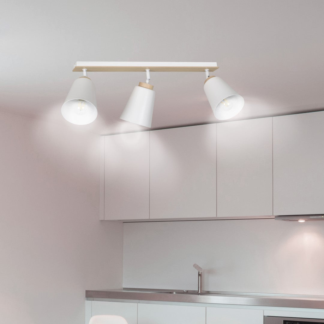 Plafondlamp 3 spots gepoedercoat staal en multiplex, Scandinavisch Atlas, wit met hout, voor lage plafonds