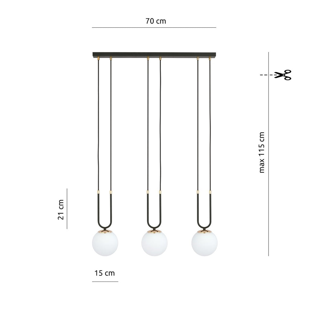 Hanglamp 3-lichts gepoedercoat staal en glas, retro Glam, zwart met witte glazen kappen Ø 15 cm, verstelbare hoogte