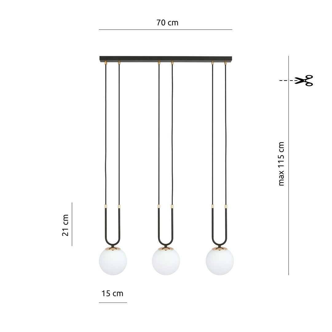 Hanglamp 3-lichts gepoedercoat staal en glas, retro Glam, zwart met witte glazen kappen Ø 15 cm, verstelbare hoogte