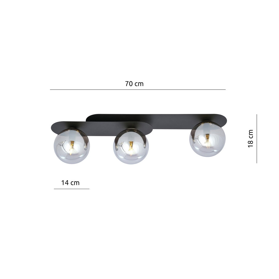 Plafondlamp gepoedercoat staal en glas Plaza, zwart met grafiet glazen kappen, 3 lichts, E14 – 70 x 18 cm