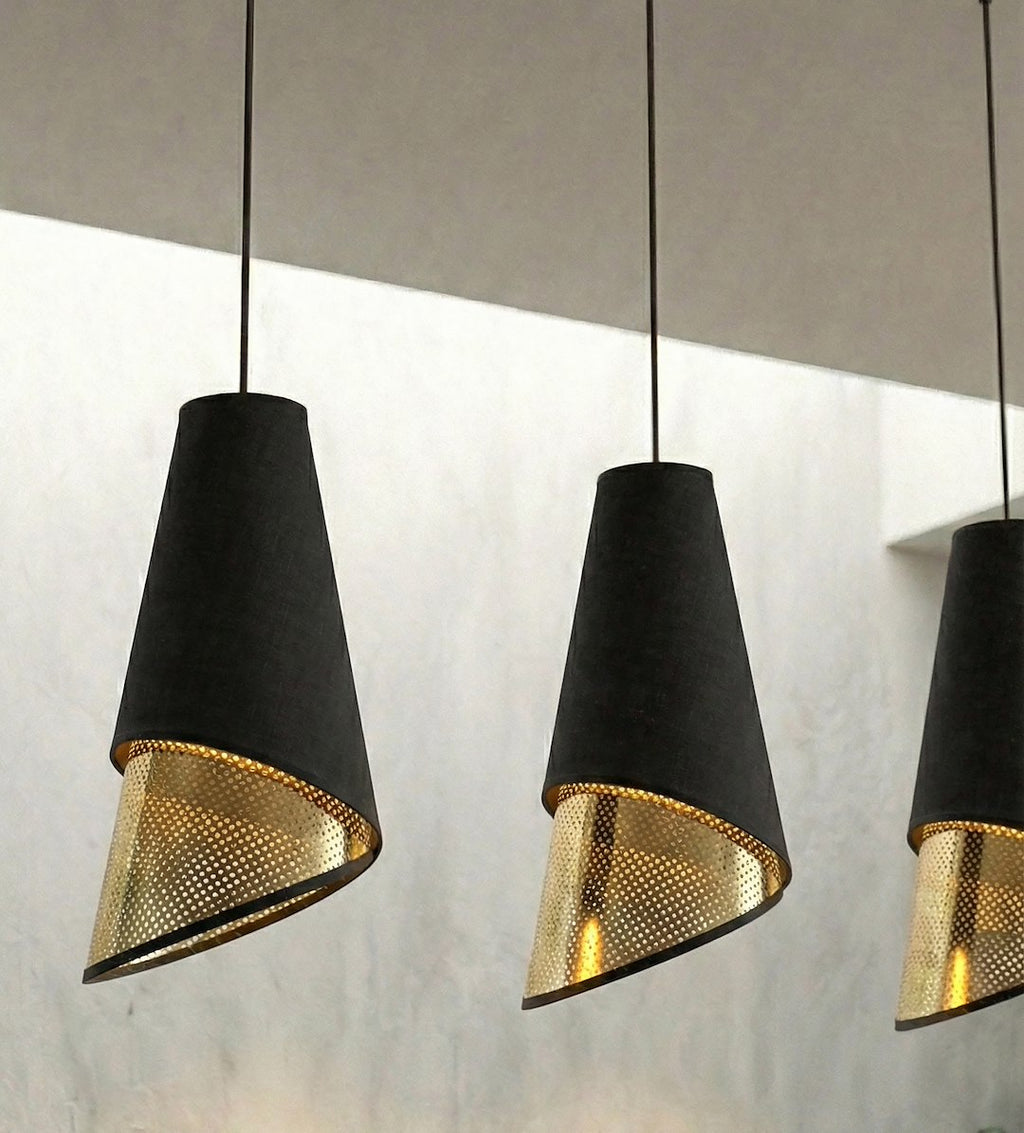 Hanglamp 3-lichts gepoedercoat staal met stoffen kap, Moda, zwart met goud, 95 cm, eettafel en woonkamer