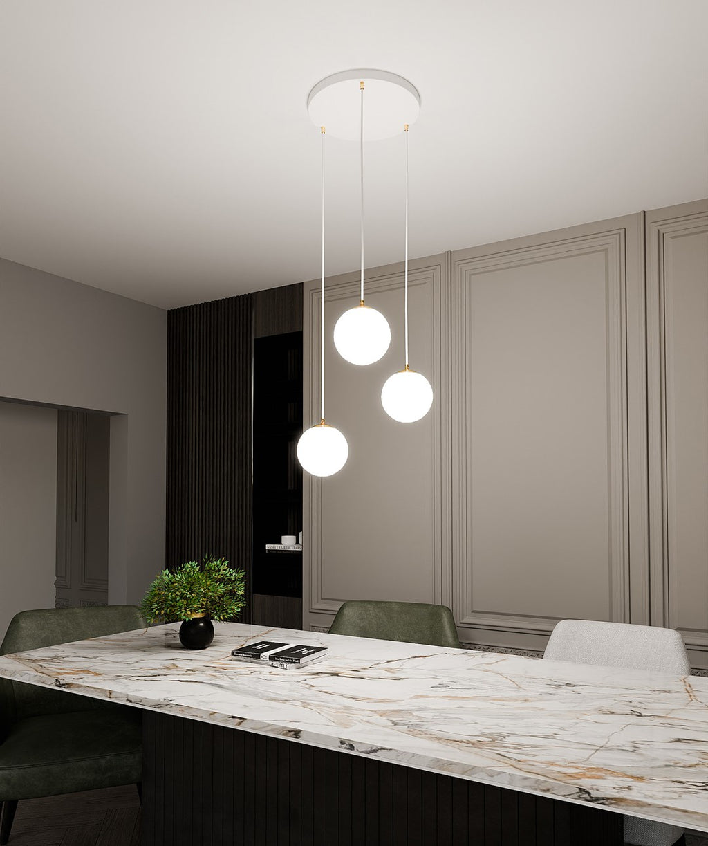 Hanglamp staal en glas Royal retro wit met goud, 3 lampen, kap Ø 14 cm, voor eettafel, keuken of woonkamer