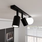 Plafondlamp gepoedercoat staal en glas Baster, zwart met witte glazen kap, 60 cm breed, 3 lichtpunten, woonkamer en eetkamer