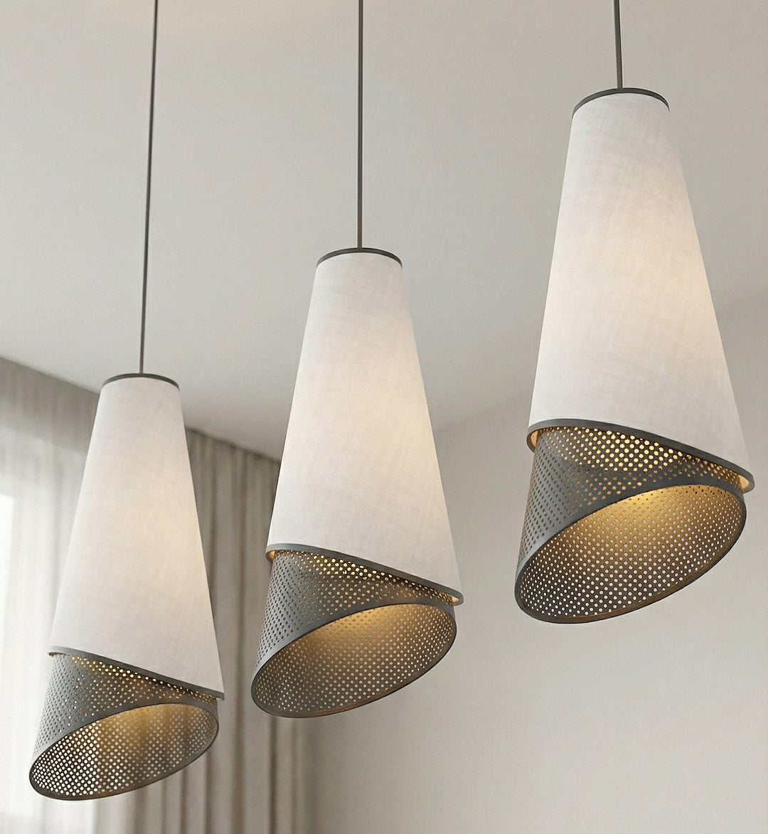 Hanglamp 3-lichts gepoedercoat staal en stof, modern, Moda, zwart en grijs, 95 cm breed, voor woonkamer en eethoek