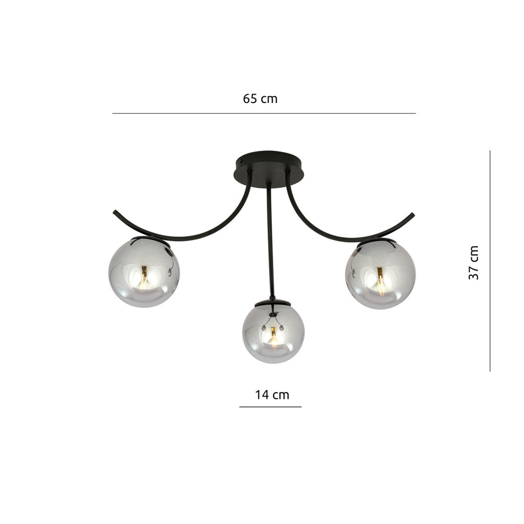 Plafondlamp gepoedercoat staal en glas Boston, zwart met grafiet kappen, 3 lichtpunten, 70 x 37 cm
