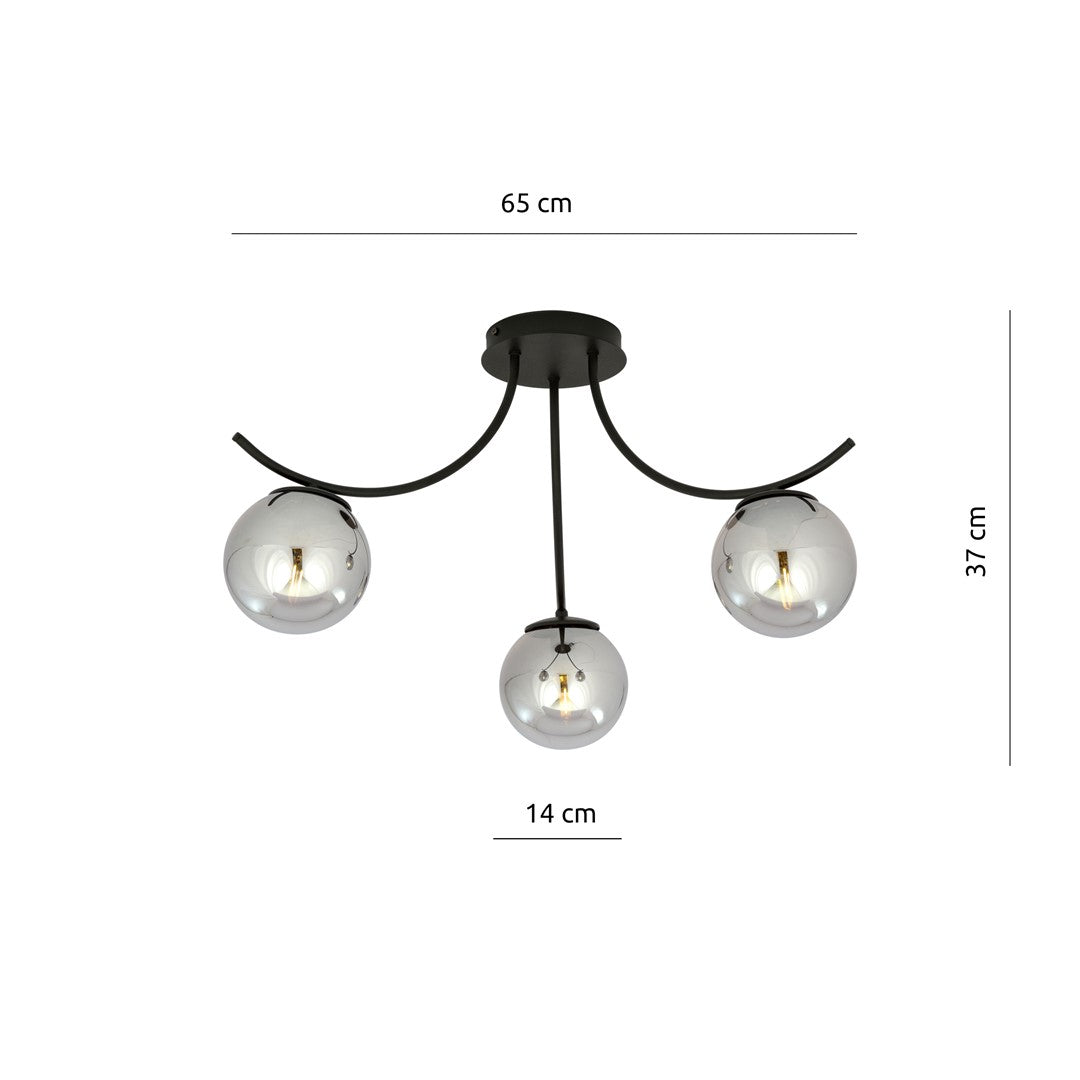 Plafondlamp gepoedercoat staal en glas Boston, zwart met grafiet kappen, 3 lichtpunten, 70 x 37 cm