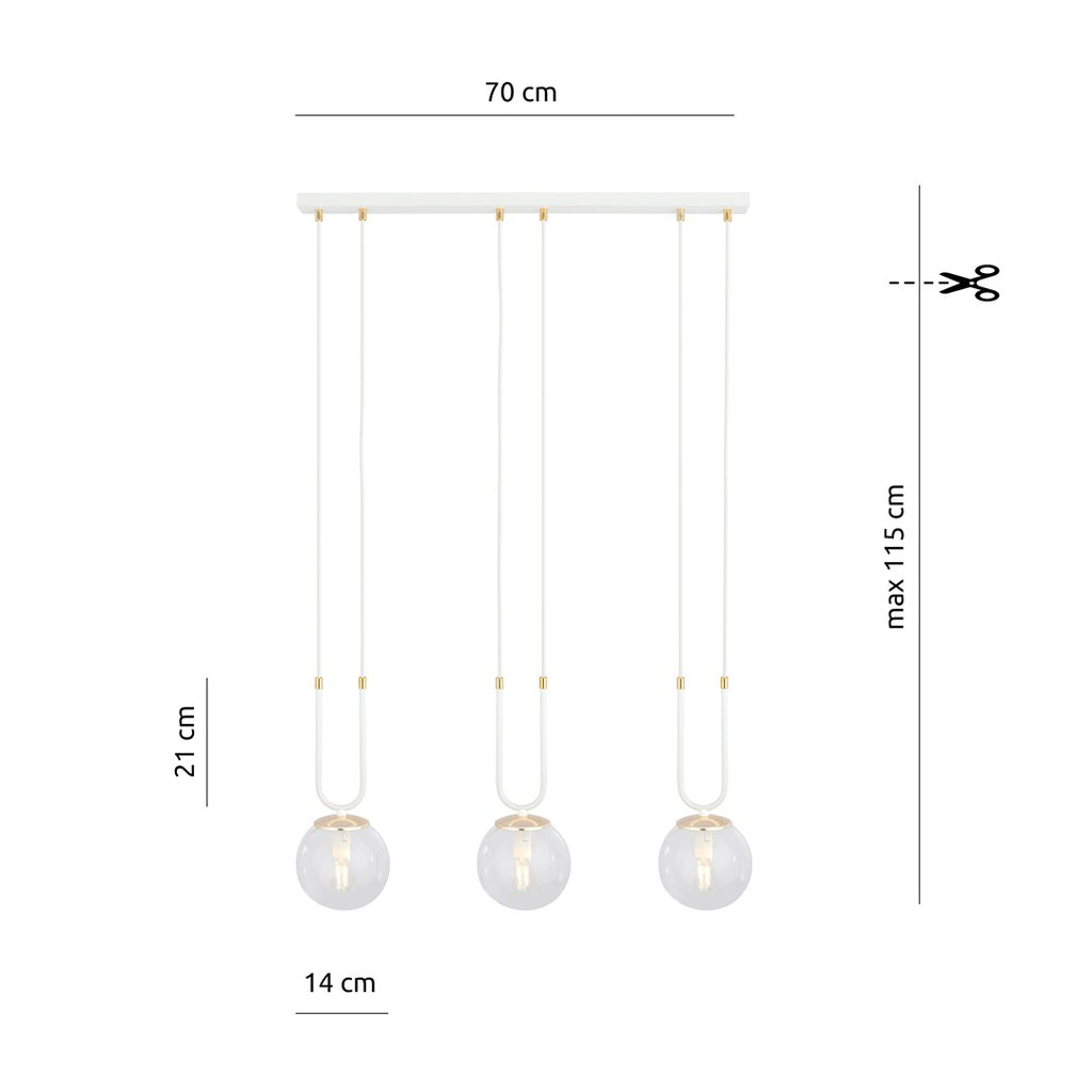 Hanglamp 3 lichtpunten gepoedercoat staal en glas, retro Glam wit met transparante kappen, 70 x 115 cm